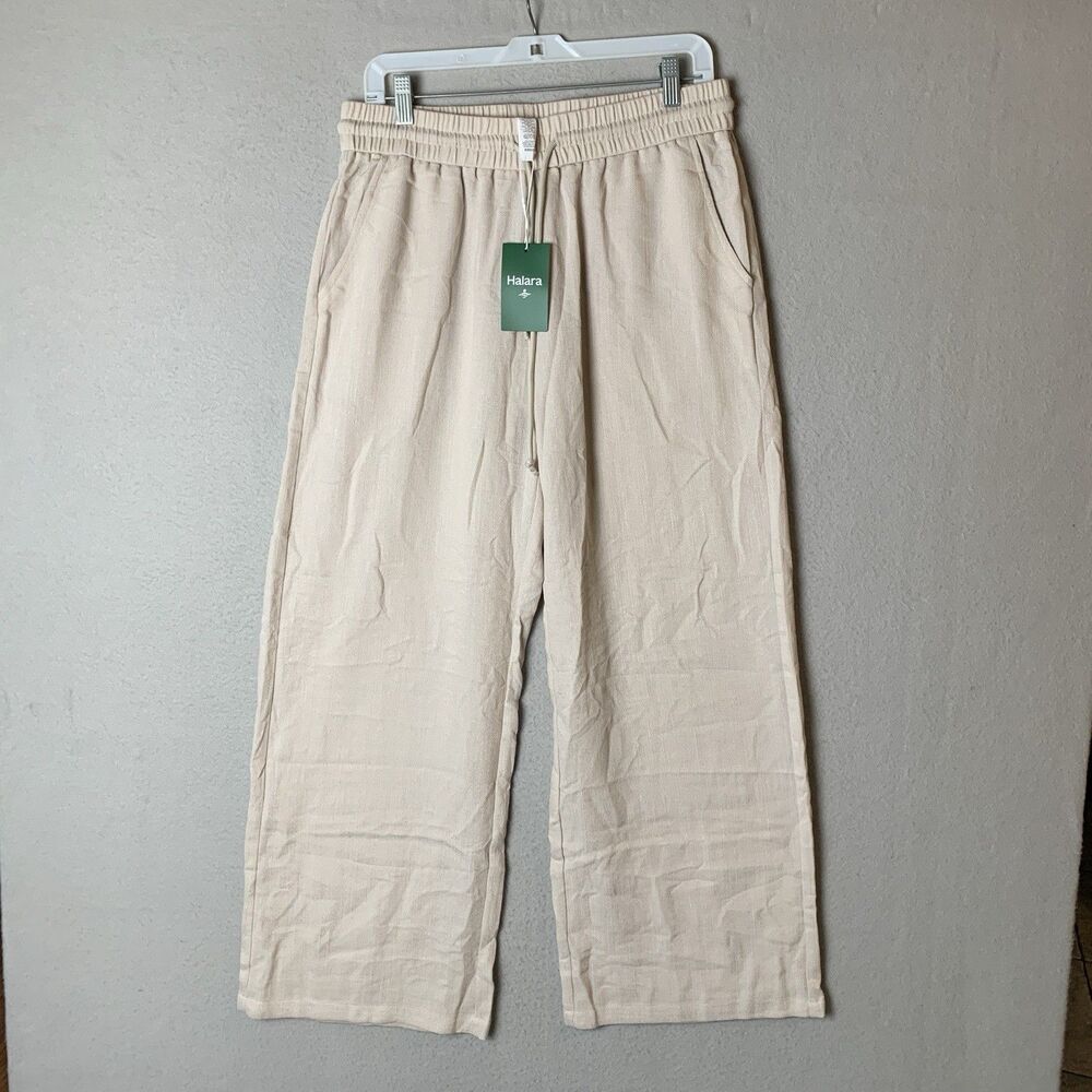 Halara High Waisted Pant Large Beige Drawstring Wide Leg Baggy Casual Linen-Feel